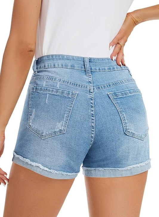 FEKOAFE 2025 Womens Casual Mid/High Waisted Denim Shorts Summer Stretchy Ripped Jean Shorts for Women
