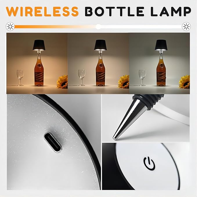 Wireless Bottle Lamp Shade-3 Color Stepless Dimming Bottle Table Lamp,Rechargeable Wireless Wine Bottle Lights,Touch Control Wine Bottle Lamp,Embed Portable Bottle Lights for Livingroom,Restaurant,Bar