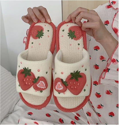 Women Kawaii Slippers Indoor Linen Slippers Strawberry Linen Cotton Slippers Home Floor Non-Slip Slides