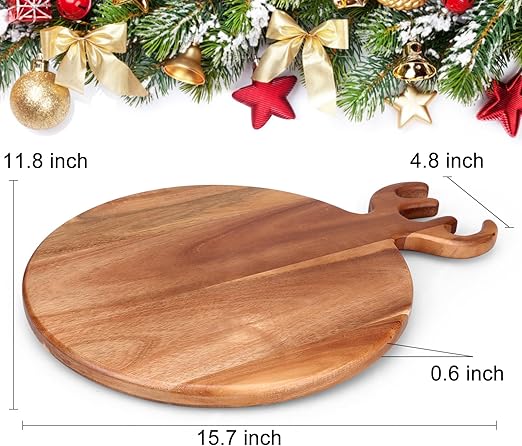 Large Round Christmas Charcuterie Boards Gifts Acacia Wood Cutting Board with Handle Decorative Wooden Xmas Cheese Board Christmas Food Platters Holiday Kitchen Decor Gifts Festive Xmas Serving Tray