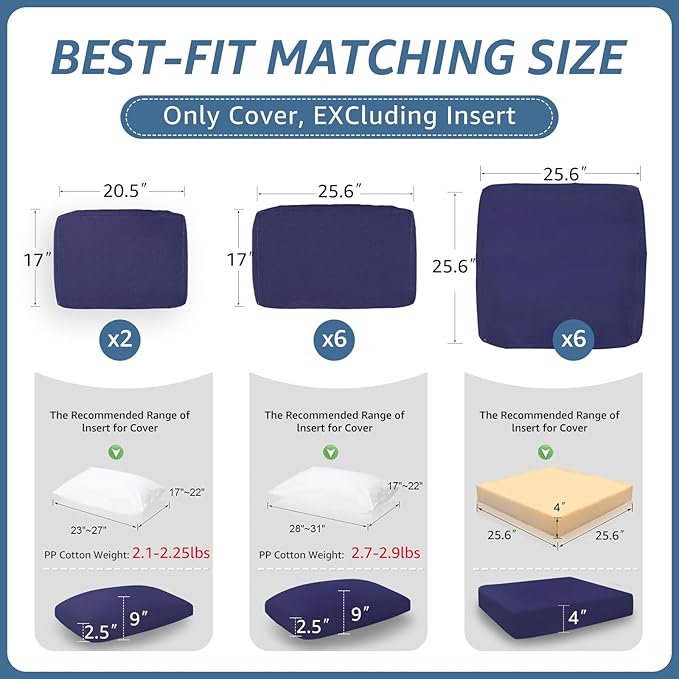 NICESOUL 14 Pcs 25.6x25.6 inch Patio Outdoor Cushion Covers, Olefin UVFade-Resistant Cushion Cover for Outdoor Furniture, Zippered Replacement Slipcovers for Couch Sofa, Machine Washable, Navy Blue