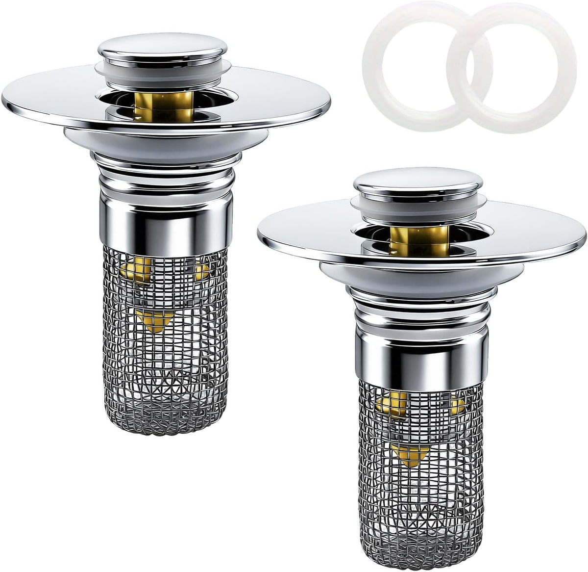 Bathroom Sink Drain Strainer, Pop-up Sink Drain Strainer with Removable Strainer Basket Hair Catcher, Bathroom Sink Stopper,2 Pack, (Does Not Include Silicone Washers)