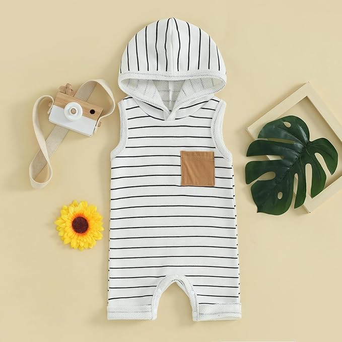 Infant Toddler Baby Boy Girl Sleeveless Hooded Romper One Piece Striped Jumpsuit Coverall Newborn Summer Clothes