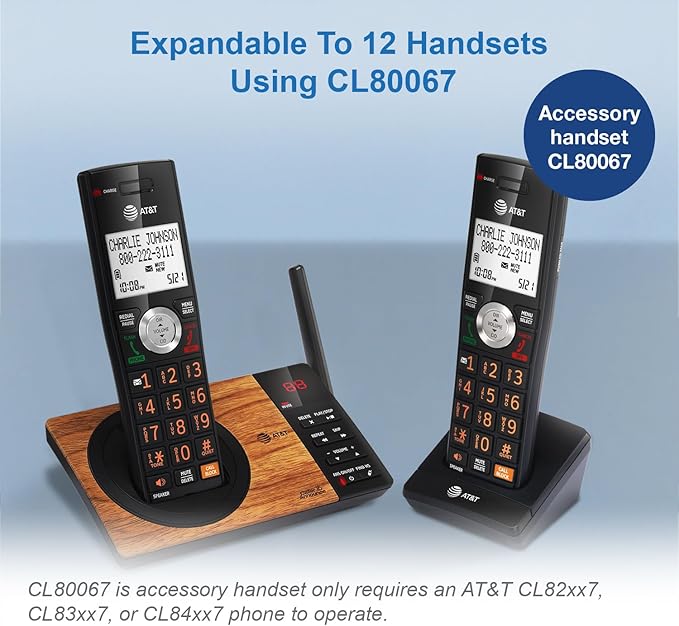 ATT CL80067 Accessory Handset for CL82x07, CL82x57, CL82x67, CL83x07, CL84x07 Series Cordless Phone for Home with Call Blocking, Caller ID Announcer, Intercom, and Long Range, BlackWood Grain Finish