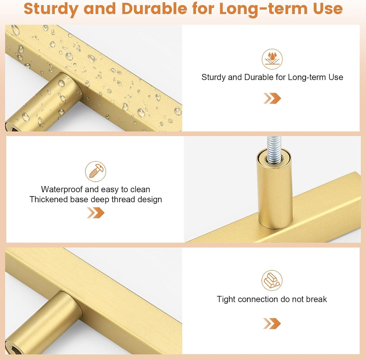 Probrico 3 Pack Hole Centers 7.5 Inch Brushed Brass Cabinet Handles Square T Bar Kitchen Cabinet Pulls Stainless Steel Polished Gold Dreser Drawer Pulls Total Length 10Inch
