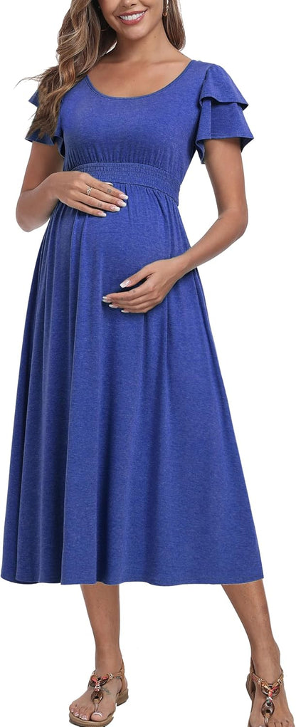 Ruffle Short Sleeve Maternity Dress High Waisted Midi Spring Baby Shower Dresses