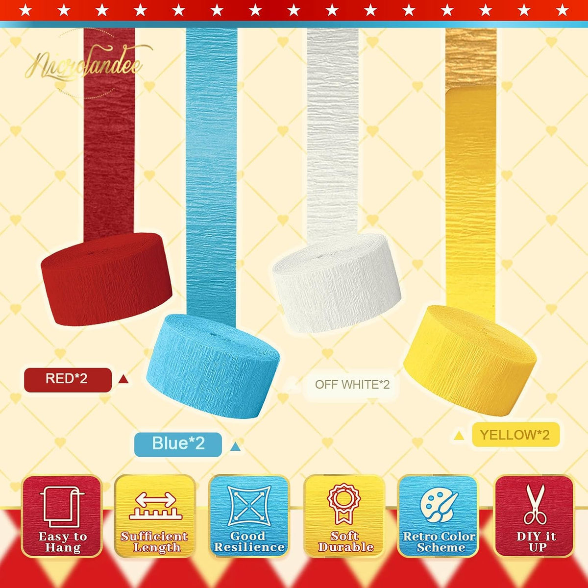NICROLANDEE Party Streamers Decorations - 8 Rolls Red Blue Yellow Crepe Paper Streamers Tassels Streamer Paper for Birthday Party, Baby Shower, Class Party, Family Gathering Supplies