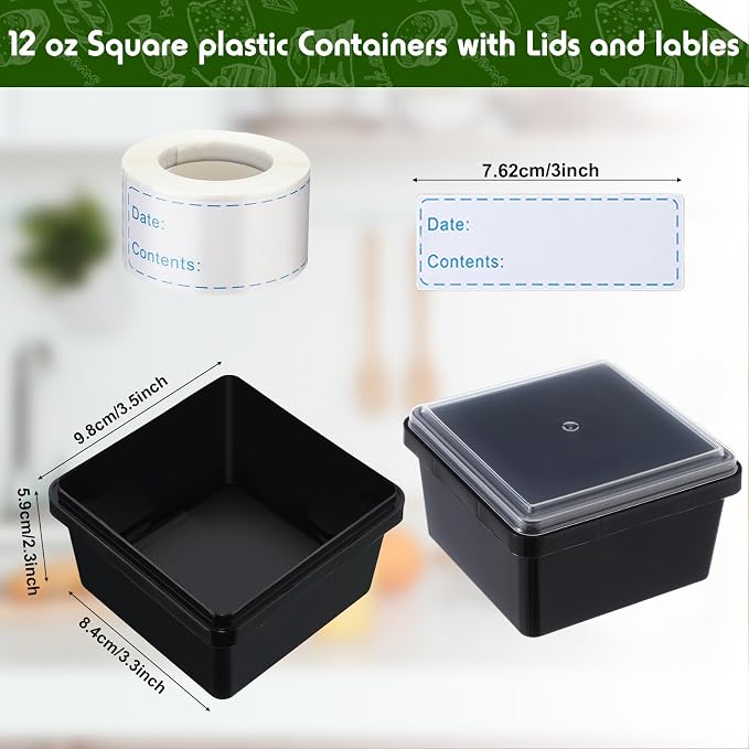 Blushtier 12 oz 50 Pack Small Square Deli Containers with Lids Plastic Freezer Food Reusable Meal Dessert Ice Cream Containers with Labels for Takeout Meal Storage Microwave Freezer Safe(Black)