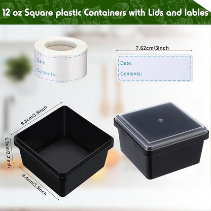 Blushtier 12 oz 50 Pack Small Square Deli Containers with Lids Plastic Freezer Food Reusable Meal Dessert Ice Cream Containers with Labels for Takeout Meal Storage Microwave Freezer Safe(Black)