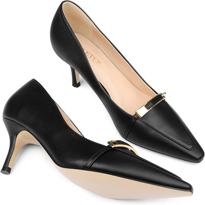 COLETER Women's Kitten Heels Pointed Toe Low Heel Pumps Comfortable Office Wedding Dress Shoes