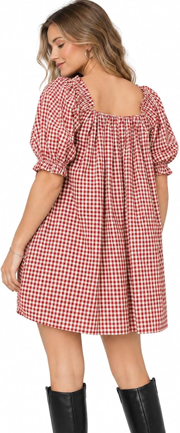 Women's Plaid Babydoll Short Dress Puff Sleeve Cute Tie Mini Dress Gingham Spring Dresses