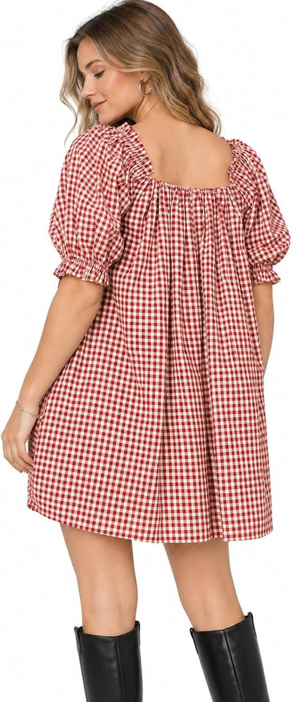 Women's Plaid Babydoll Short Dress Puff Sleeve Cute Tie Mini Dress Gingham Spring Dresses