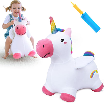 iPlay, iLearn Bouncy Pals Hopping Unicorn Horse, Toddler Girl Inflatable Bouncing Animal Hopper Toy, Outdoor Indoor Plush Ride on Bouncer, Baby Birthday Gift 18 Month 2 3 4 Year Old Kid - Unicorn (Does not include air pump)