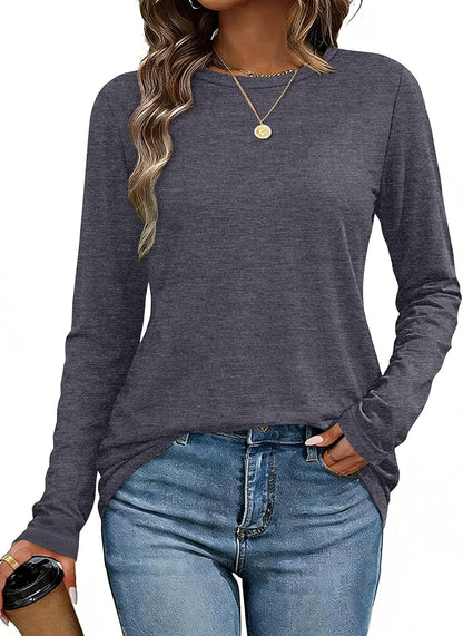 Light Grey Color Women Long Sleeve Shirts Casual Dressy Soft Basic Tee Loose Fit Tunic Tops | Fall Tops, Soft & Breathable, Crew Neck, cotton, School Outfits, Teacher T-shirts, Winter Clothes, Solo or Layered, 2026
