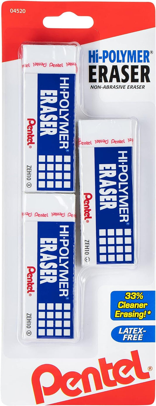 Pentel ZEH10BP3K6 Hi-Polymer Block Eraser, White