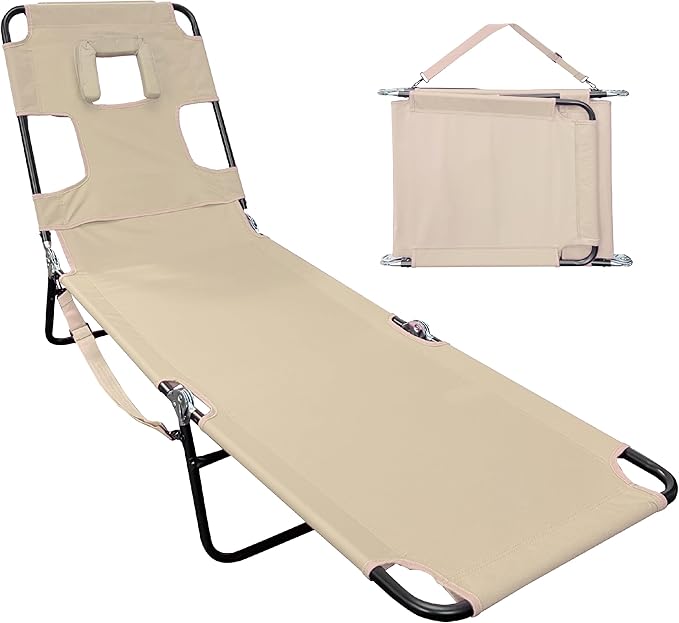 Face Down Tanning Chaise Lounge Chair - Face & Arm Holes - 2 Legs Support - Polyester Material - Backrest Positions - Head Rest Pillow - Beach or Home Use - Read and Tan - Tan Stripes Pattern