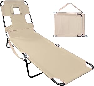 Face Down Tanning Chaise Lounge Chair - Face & Arm Holes - 2 Legs Support - Polyester Material - Backrest Positions - Head Rest Pillow - Beach or Home Use - Read and Tan - Tan Stripes Pattern