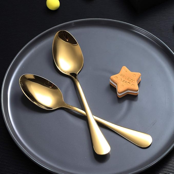Gold Dinner Spoon of 4, Berglander 7.5" Stainless Steel Titanium Plating Shiny Gold Soup Spoons Silverware, Golden Soup Spoon Table Spoon Set Sturdy Easy To Clean, Dishwasher Safe