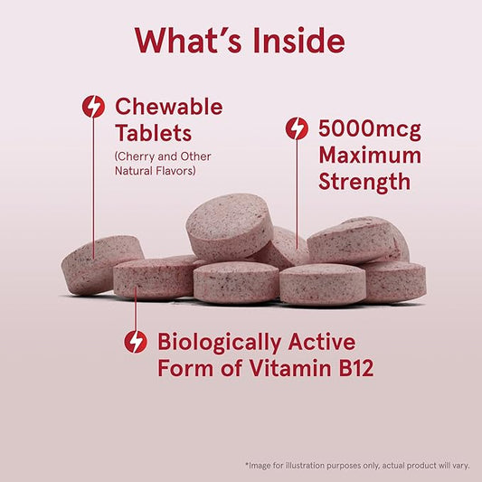 Jarrow Formulas Vitamin B12 5000 mcg - Maximum Strength for Cellular Energy and Brain Health, 60 Cherry Chewable Tablets, B12 Vitamins 5000 mcg