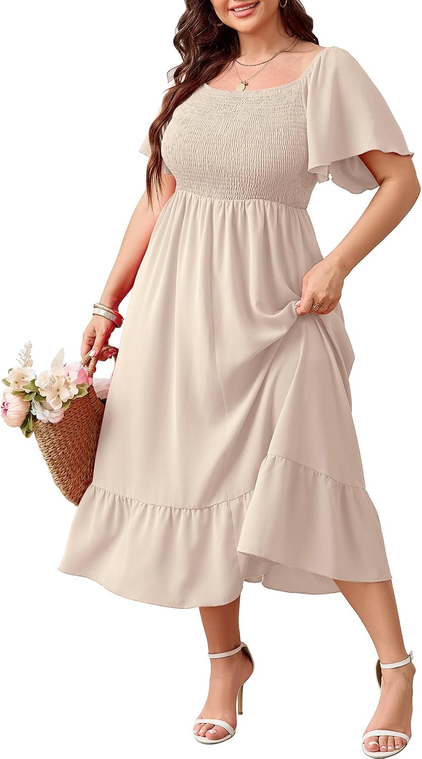 SCOMCHIC Women's Plus Size Summer Dress Casual Short Sleeve Scoop Neck Maxi Dress Smocked Ruffle Boho Flowy Long Dresses.