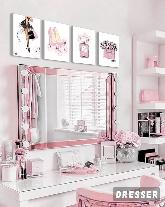 Glam Pink Fashion Wall Decor,Woman Makeup Framed Wall Art,Hot Pink Girly Room Decor,Perfume Handbags High Heels Lipstick Wall Paintings Set of 4