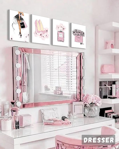 Glam Pink Fashion Wall Decor,Woman Makeup Framed Wall Art,Hot Pink Girly Room Decor,Perfume Handbags High Heels Lipstick Wall Paintings Set of 4