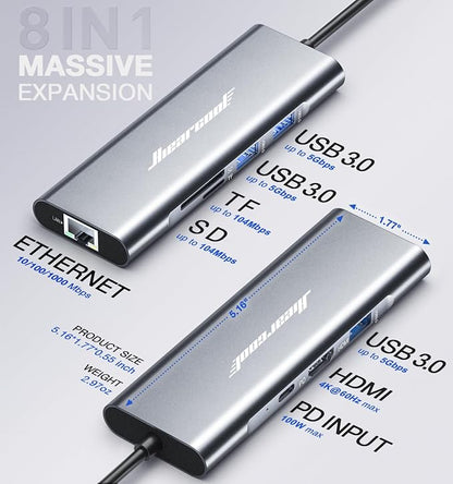 Hiearcool USB C Hub Ethernet 8-in-1, 4K@60Hz USB-C to HDMI Multiport Adapter with 1Gbps RJ45, 100W PD, 3 USB 3.0, SD/TF, Compatible for MacBook Pro/Air, Dell, Lenovo Laptops