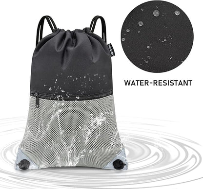HOLYLUCK Drawstring Backpack Gym Sports Bag with Front mesh zipper Pocket 18.6" L x 13.5" W Cinch Sack String Sackpack For Men Women (black and grey)
