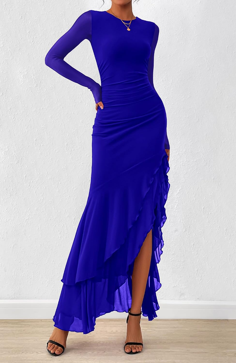 BTFBM Women's Maxi Dresses Fall 2026 Long Sleeve Ruched Bodycon Solid Ruffle Mermaid Cocktail Wedding Guest Dress .