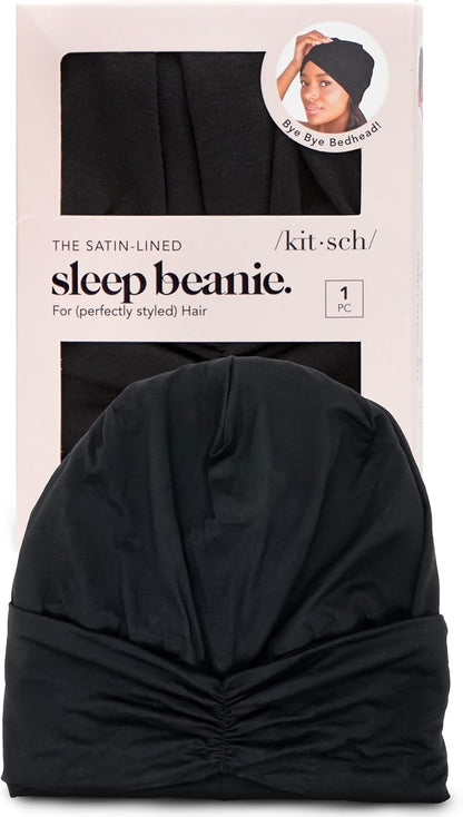 Kitsch Satin Lined Beanie - Softer than Silk Beanie For Sleeping Women, Breathable Hair Cover for Sleeping, Slouchy Beanies, Bonnets for Women, Hair Wrap, Reduce Breakage for Frizz-free Hairs - Black