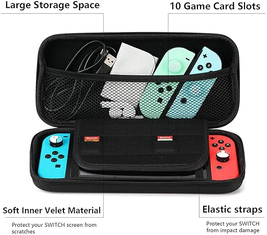 Carrying Case Compatible with Switch 2017  Switch OLED 2021 Console Joy-Con with 10 Game Card Slots , Black Cats on Gray Background