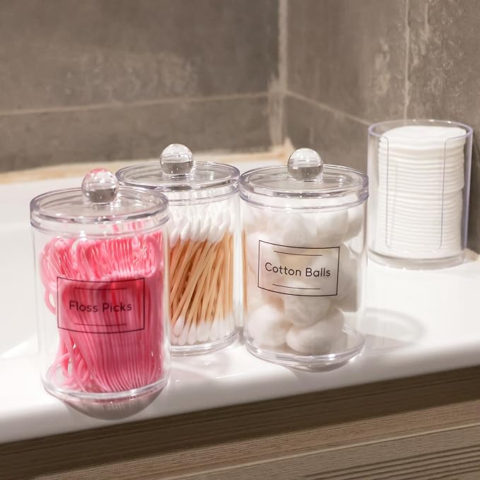 1 Pack Acrylic Qtip Holder Dispenser,Bathroom Canisters Apothecary Jar Set, Vanity Makeup Storage Organizer Set, 12 oz