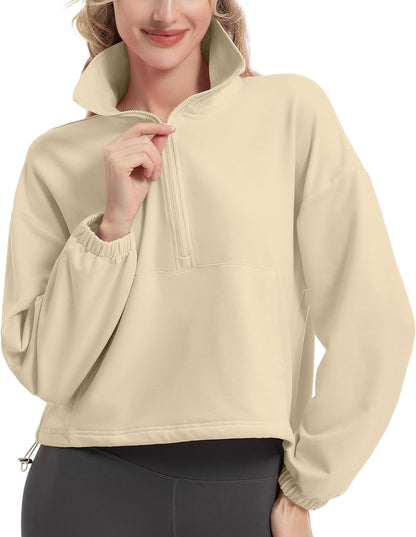 FKEEP Quarter Zip Pullover Women Cropped Sweatshirt Long Sleeve Crop Top Stand Collar Drawstring Casual Pullover