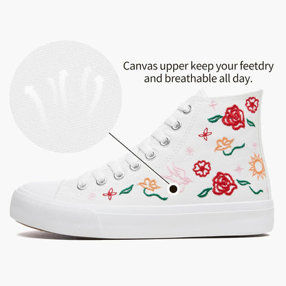 TUOPIN Women's High Top Canvas Sneakers - White and Black Fashion Embroidery Casual Walking Shoes for Women Comfortable Breathable Lace-Up Tennis Shoes