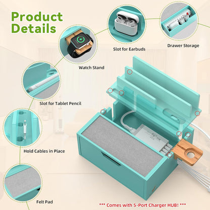Pezin & Hulin Bamboo Charging Station for Multi Device, with Power Charger & Cables, Nightstand Docking Stand with Felt Pad Tray & Drawer, Compatible with Tablet, Cell Phone, Smart Watch-Teal