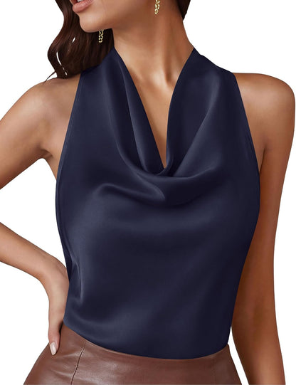 PRETTYGARDEN Silk Satin Halter Tops for Women Summer 2026 Cowl Neck Tie Back Going Out Sleeveless Business Casual Tank Top.