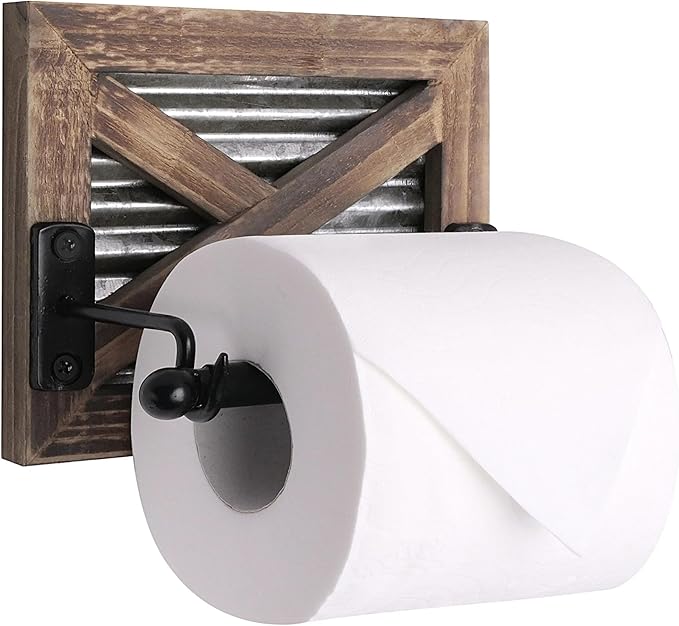 Autumn Alley Rustic Farmhouse Toilet Paper Holder Wall - Farmhouse Bathroom Country Decor Accessories with Warm Brown Wood, Galvanized Metal  Black Adds Western Decor Charm