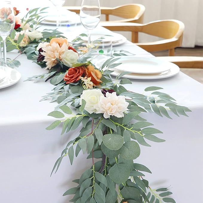 Emivery Artificial Eucalyptus Garland with Flowers, Terracotta Flowers Wedding Table Runner Floral Arrangements for Fall Wedding Ceremony Backdrop Arch Centerpieces