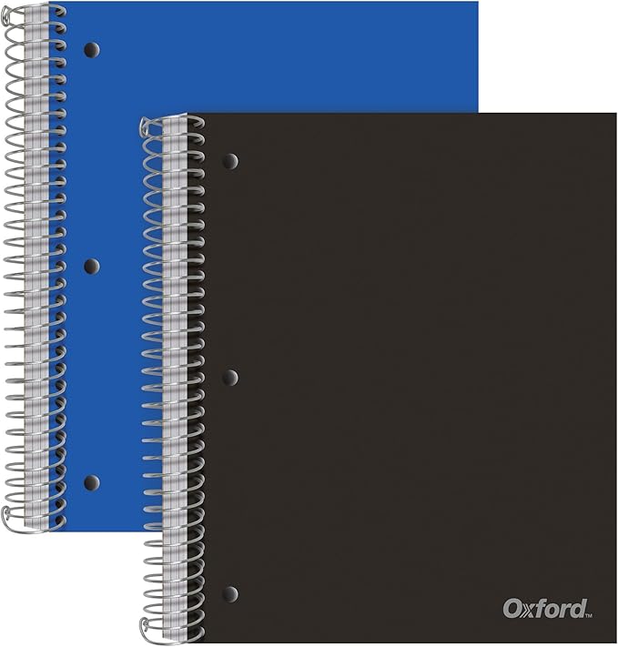 Oxford Spiral Notebooks, 3-Subject, Wide Ruled Paper, Durable Plastic Cover, 150 Sheets, 3 Divider Pockets, 2 per Pack (10385)