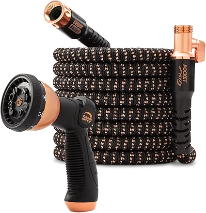 Pocket Hose Copper Bullet Expandable Garden Hose 75 FT w10 Pattern Thumb Spray Nozzle AS-SEEN-ON-TV 650psi 34 in Patented Lead-Free Ultra-Lightweight Solid Copper Anodized Aluminum Fittings No-Kink
