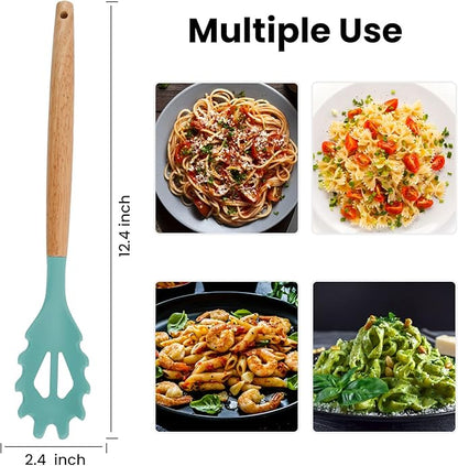 Silicone Spaghetti Spoon, Pasta Fork, 12.6 Inch Noodle Spoon, Pasta Spoon with Wooden Handle, Spaghetti Server for Cooking, BPA Free, Green