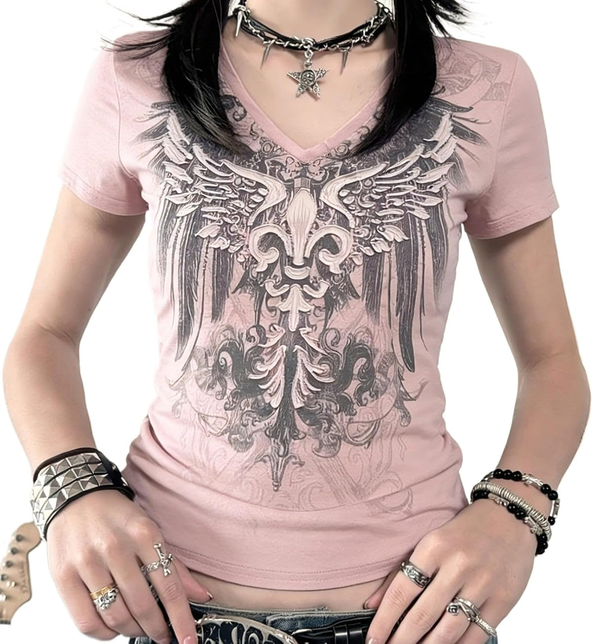 Quzak Womens Emo Shirts Y2k Short Sleeve Tops 2000s Graphic Tees Grunge Alt Clothes Goth Style Shirts Harajuku Tee