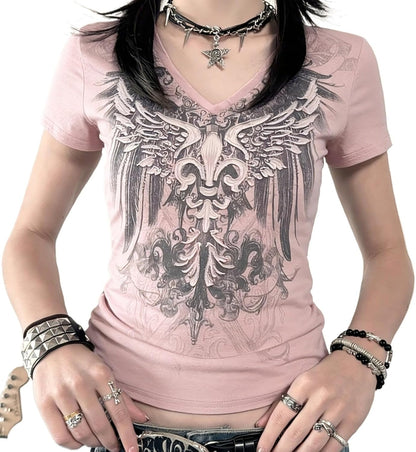 Quzak Womens Emo Shirts Y2k Short Sleeve Tops 2000s Graphic Tees Grunge Alt Clothes Goth Style Shirts Harajuku Tee