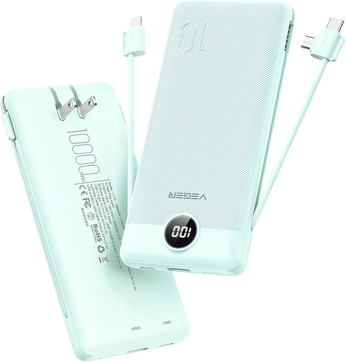 VEGER Portable Charger for iPhone, Power Bank Built in Cables and Wall Plug 10000mAh,Ultra Slim&Compact,5 Outputs,LED Display,Power Bank for iPhone,Samsung,Travel Essentials for Camping Cruise Business