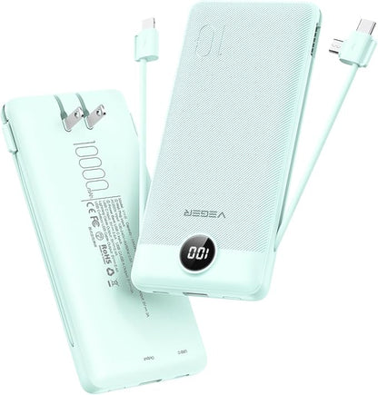 VEGER Portable Charger for iPhone, Power Bank Built in Cables and Wall Plug 10000mAh,Ultra Slim&Compact,5 Outputs,LED Display,Power Bank for iPhone,Samsung,Travel Essentials for Camping Cruise Business