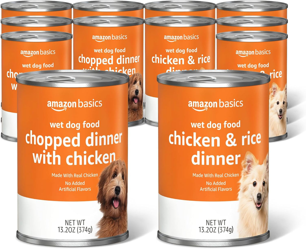 Basics Chopped Ground Dinner Wet Dog Food Variety Pack, Chicken and Rice Flavor and Chopped Dinner with Chicken, Made with Natural Ingredients, 13.2oz Cans (Pack of 11)