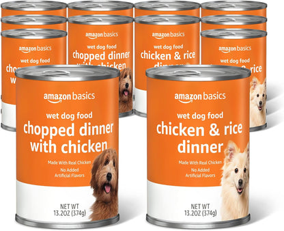 Basics Chopped Ground Dinner Wet Dog Food Variety Pack, Chicken and Rice Flavor and Chopped Dinner with Chicken, Made with Natural Ingredients, 13.2oz Cans (Pack of 11)