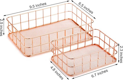 Hacaroa 4 Pack Rose Gold Wire Mesh Basket, Metal Desk Drawer Organizer Desktop Holder Tray for Cosmetic, Stationery, Magazines, Fruit Snacks, Home, School, Office, 2 Size