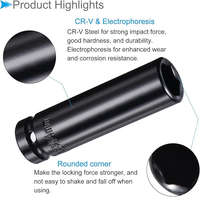 Deep Impact Socket, 12" Drive 14mm Socket, CR-V Steel Rounded Corner Design 6-Point Deep Impact Socket - (Applications: for Screw Installation and Removal)