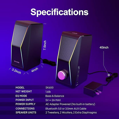 Computer Speakers, Bluetooth 5.0 Hi-Fi Stereo PC Speakers, 4 Dynamic Lighting Modes, AC Adapter Powered and 3.5mm AUX-in Computer Speakers for Desktop PC, Monitor, Laptop, Tablet, Phone